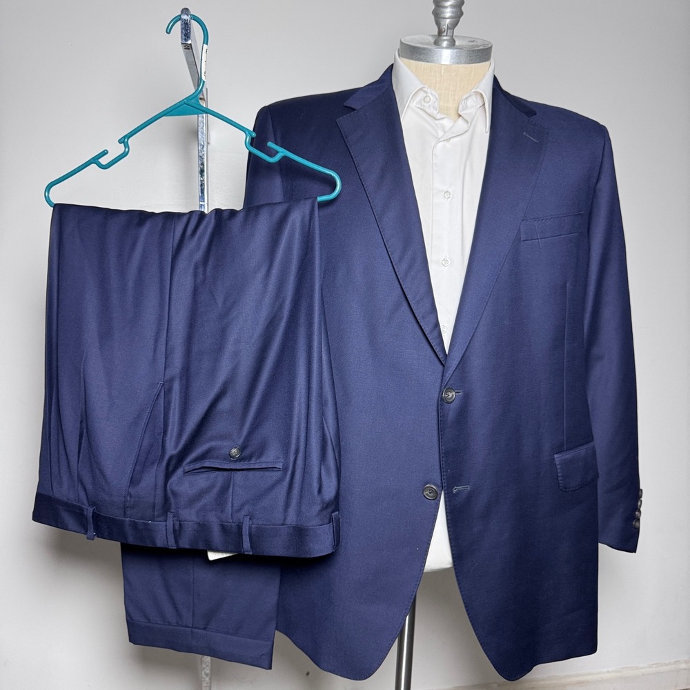 Samuelsohn Suit Mens 49L 42W Navy Blue Solid Super 150s Wool 2-Button Suit
